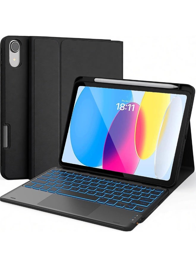 جراب لوحة مفاتيح عربي/إنجليزي للايباد (A16) الجيل 11/10 (2025/2022)، إضاءة خلفية بـ 7 ألوان، لوحة تتبع متعددة اللمس، غطاء حامل مع مكان للقلم، قناتان بلوتوث - Image 1